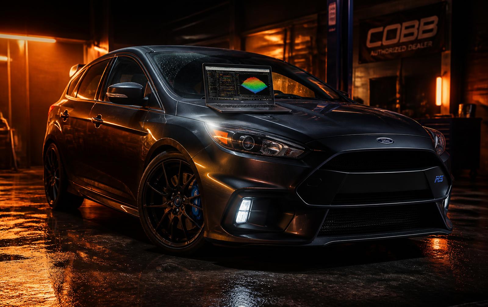 Performance car being ECU remapped with tuning software on a laptop
